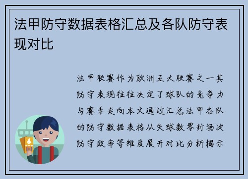 法甲防守数据表格汇总及各队防守表现对比