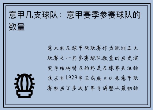 意甲几支球队：意甲赛季参赛球队的数量